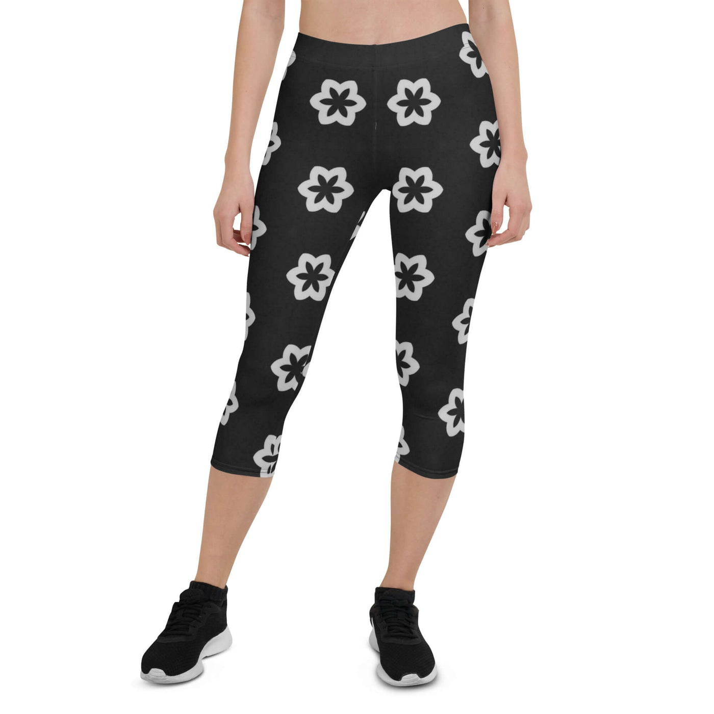 Monochrome Essence-Floral Capri Leggings | Trendy & Comfy at Design Dose