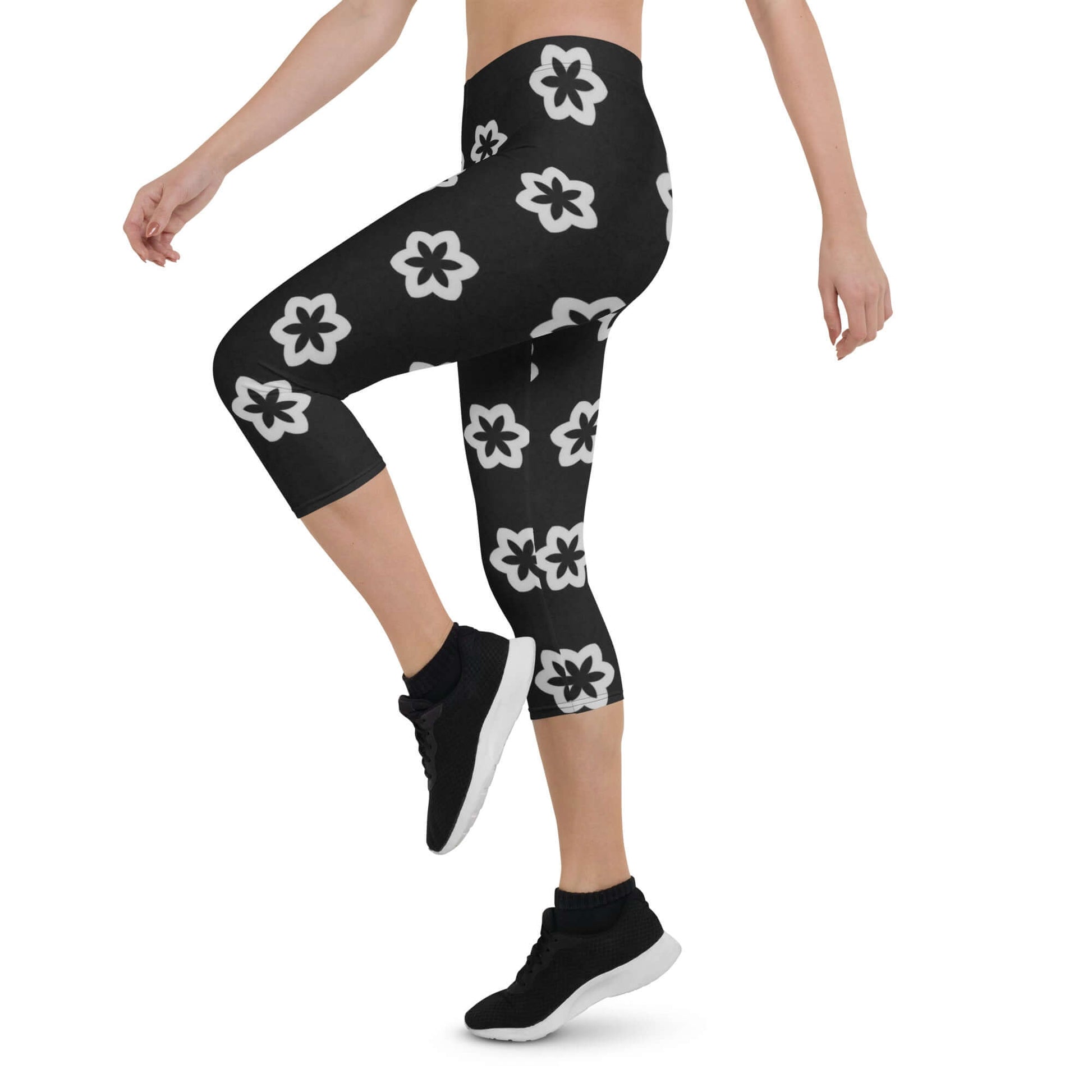 Monochrome Essence-Floral Capri Leggings | Trendy & Comfy at Design Dose