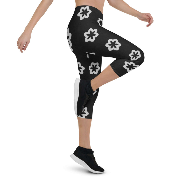 Monochrome Essence-Floral Capri Leggings | Trendy & Comfy at Design Dose