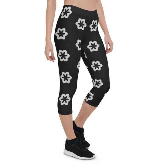 Monochrome Essence-Floral Capri Leggings | Trendy & Comfy at Design Dose