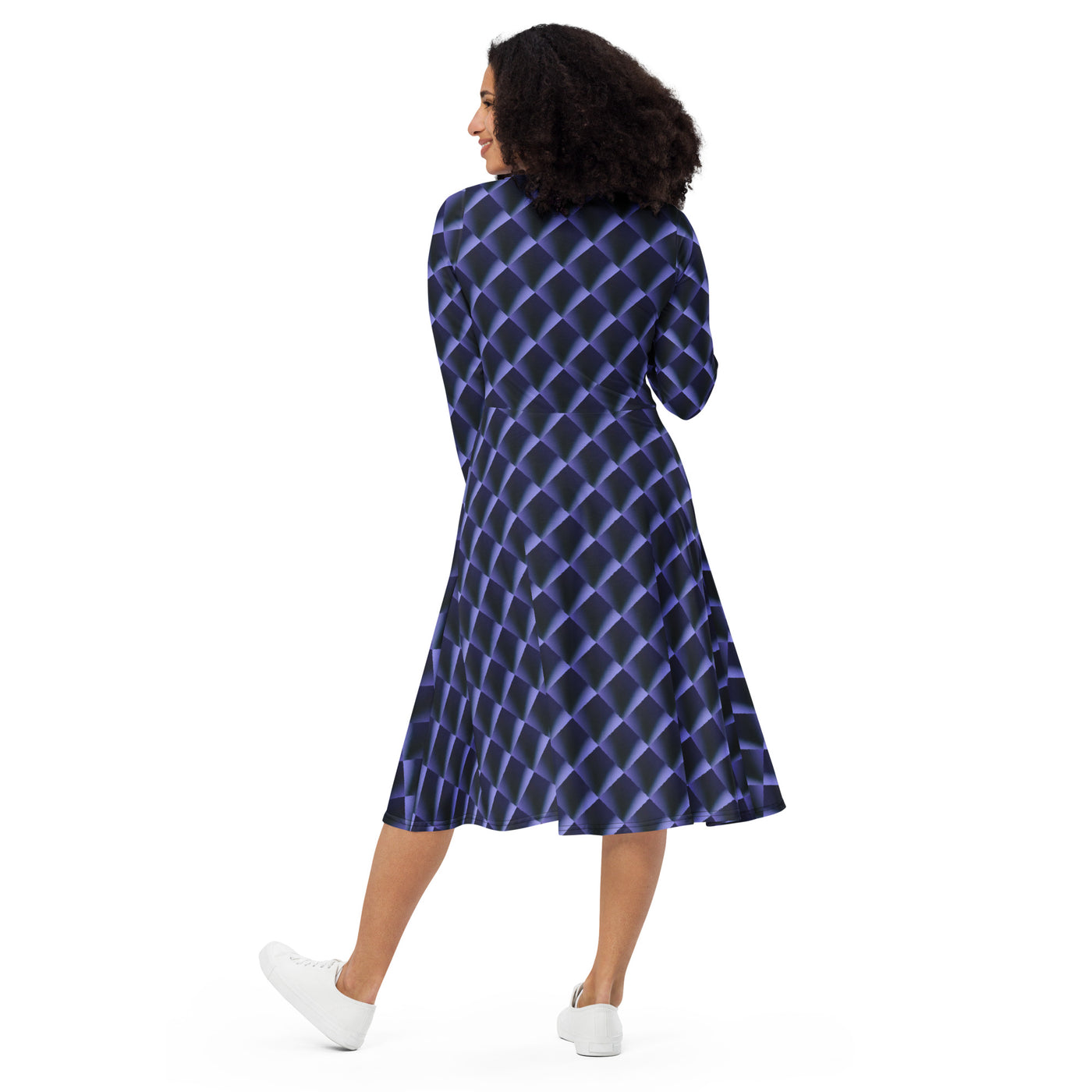 Indigo Dance All-over print long sleeve midi dress