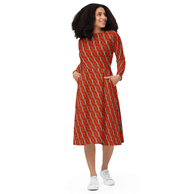 Red Rush Stylish Midi Dress with Pockets at Design Dose