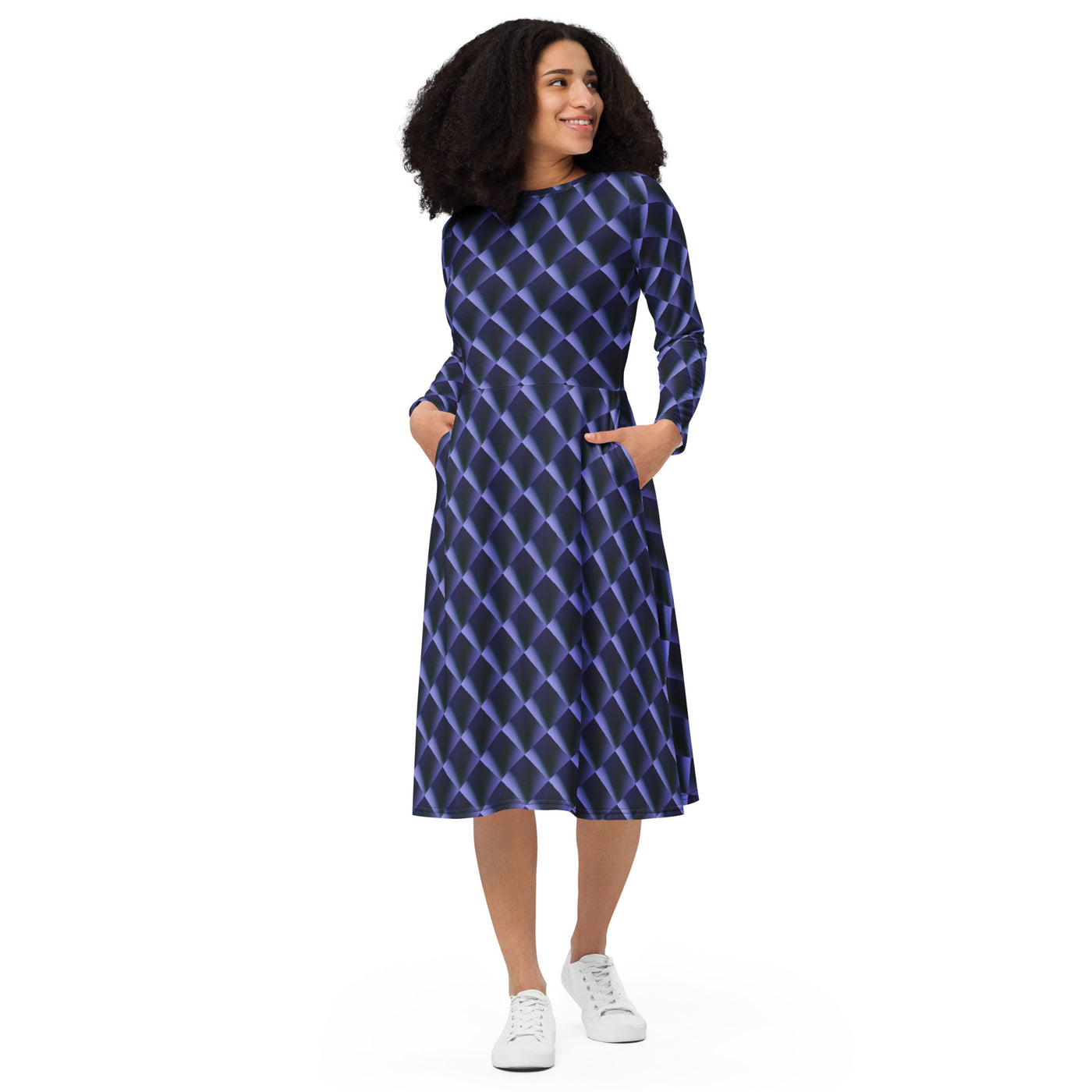 Indigo Dance All-over print long sleeve midi dress