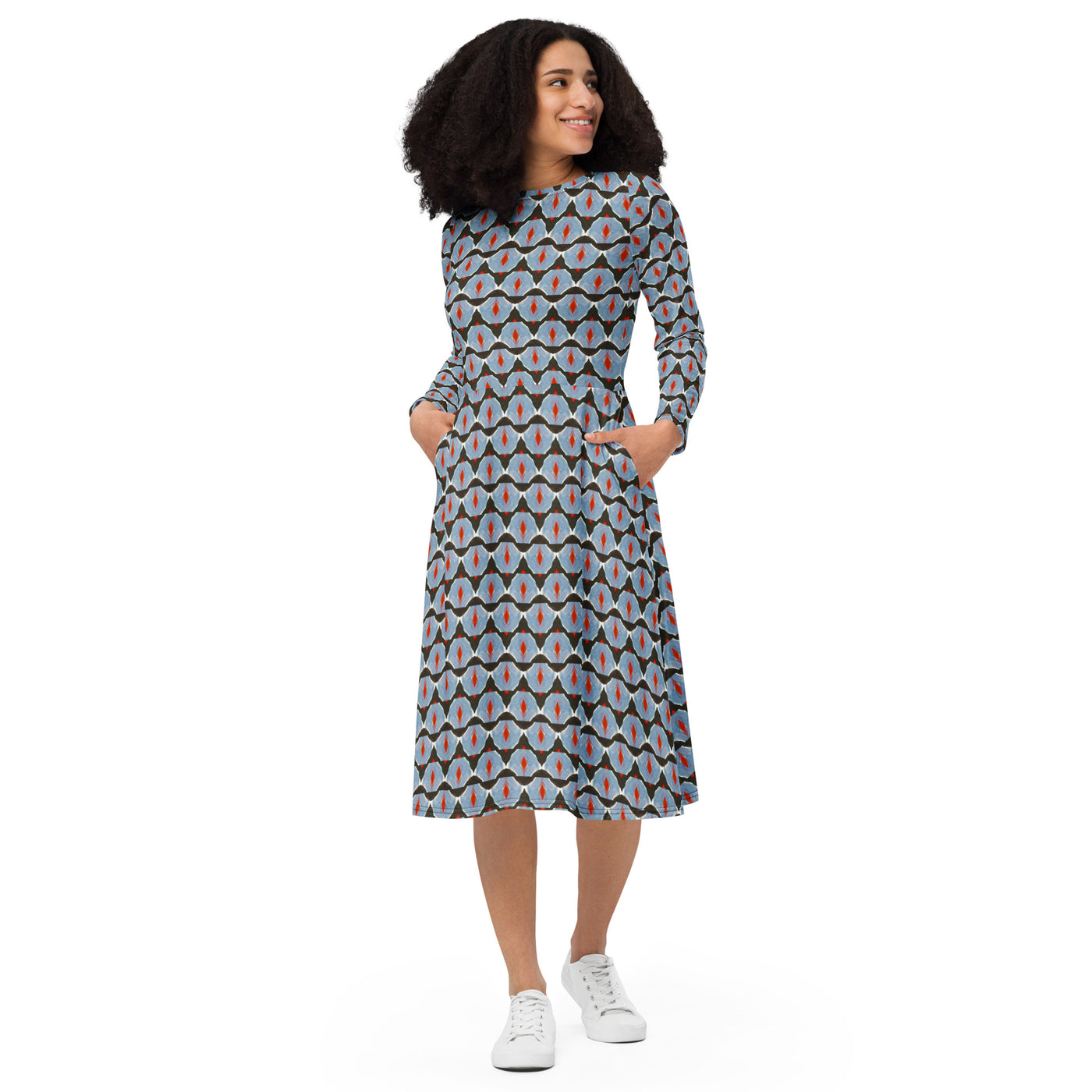 Cosmic Clash All-over print long sleeve midi dress