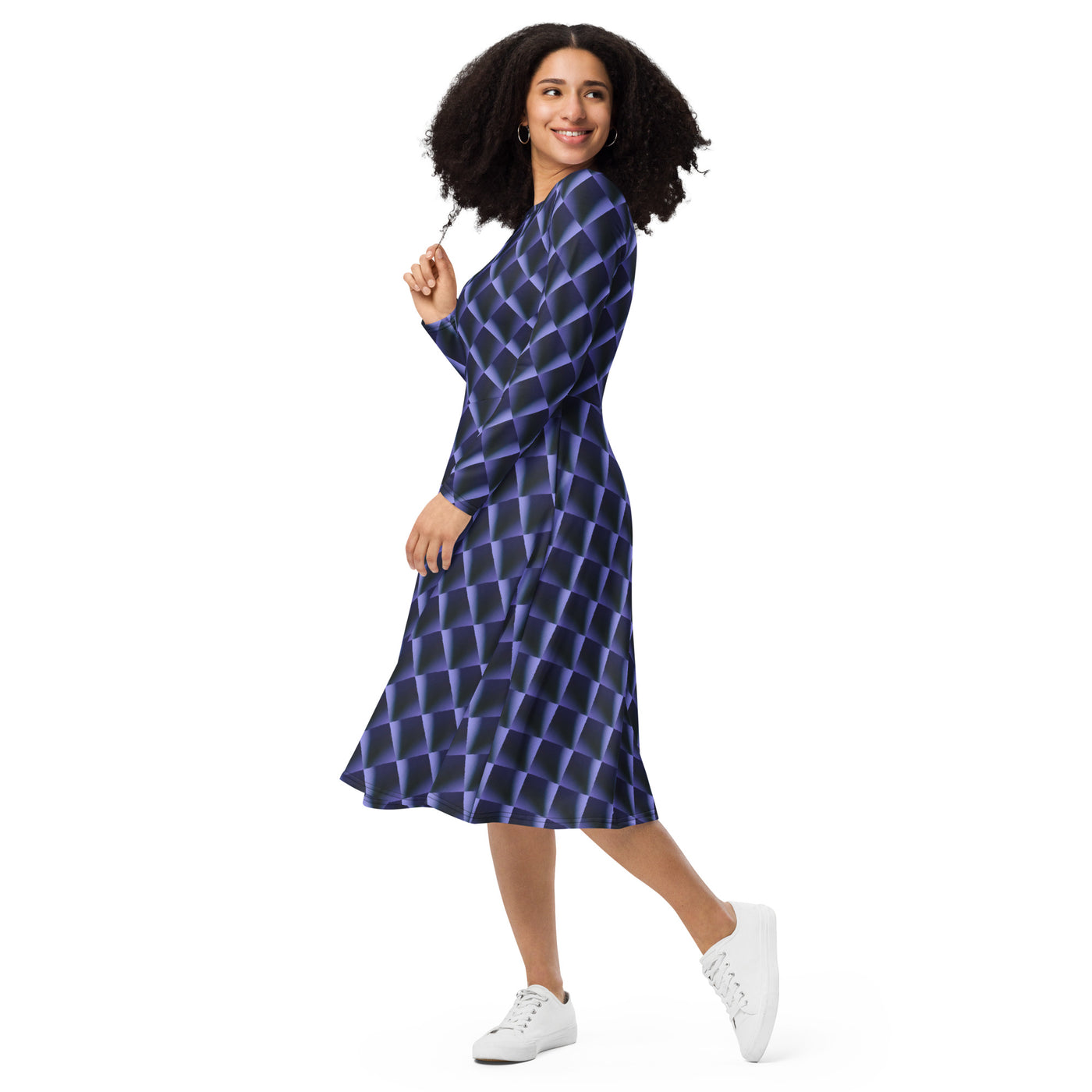 Indigo Dance All-over print long sleeve midi dress