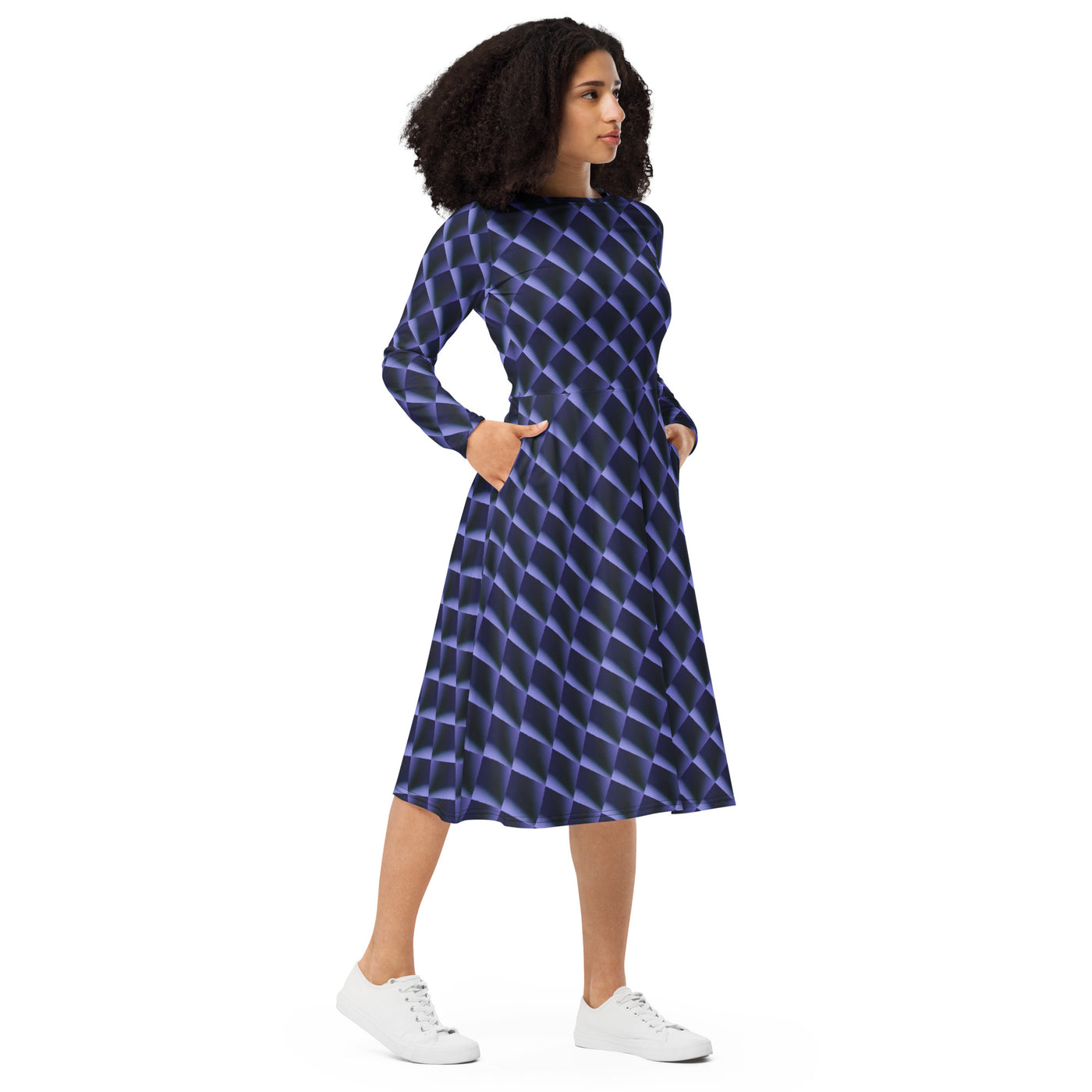 Indigo Dance All-over print long sleeve midi dress