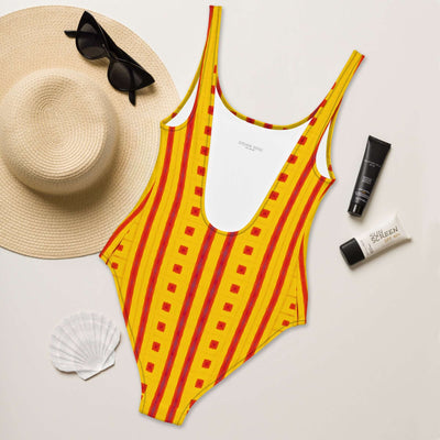 Dive into style with our Sunrise Grid One-Piece Swimsuit! Enjoy trendy colors, 4-way stretch, and a cheeky fit. Available in sizes 2XS to 6XL. at Design Dose