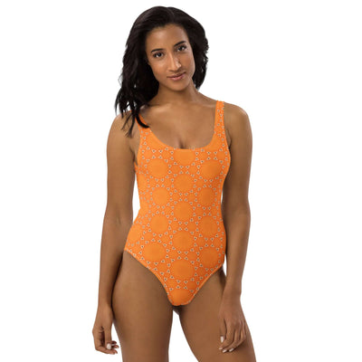 Shine in vibrant orange with our Sunburst Glam One-Piece! Trendy colors, comfy fabric, low back, cheeky fit, and 4-way stretch in sizes 2XS to 6XL. at Design Dose