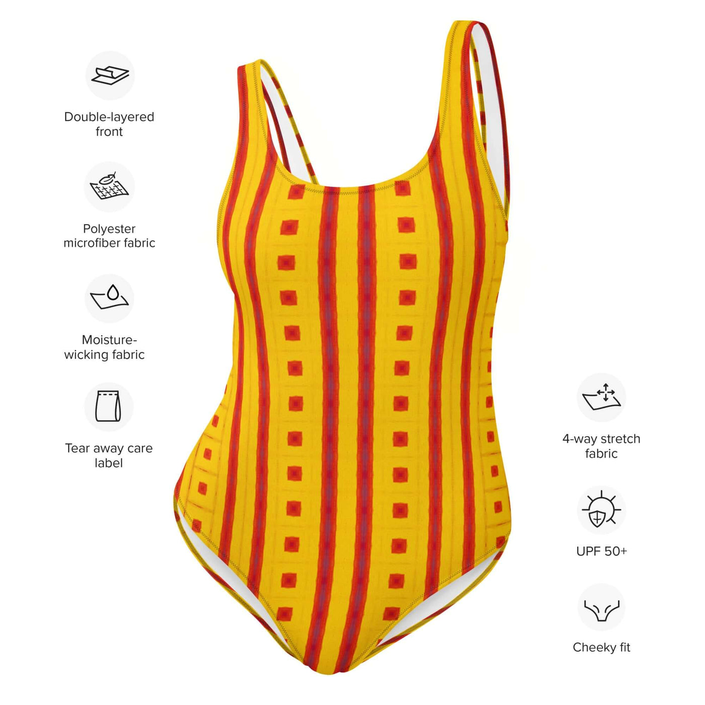 Dive into style with our Sunrise Grid One-Piece Swimsuit! Enjoy trendy colors, 4-way stretch, and a cheeky fit. Available in sizes 2XS to 6XL. at Design Dose