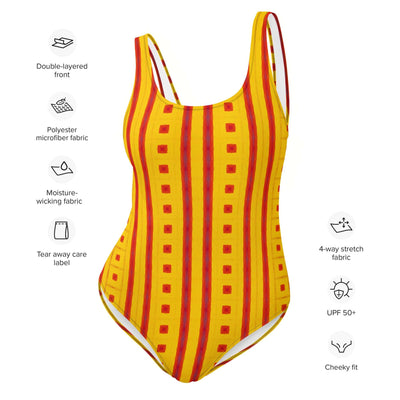 Dive into style with our Sunrise Grid One-Piece Swimsuit! Enjoy trendy colors, 4-way stretch, and a cheeky fit. Available in sizes 2XS to 6XL. at Design Dose