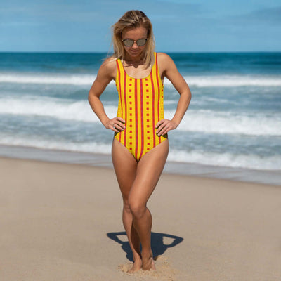 Dive into style with our Sunrise Grid One-Piece Swimsuit! Enjoy trendy colors, 4-way stretch, and a cheeky fit. Available in sizes 2XS to 6XL. at Design Dose