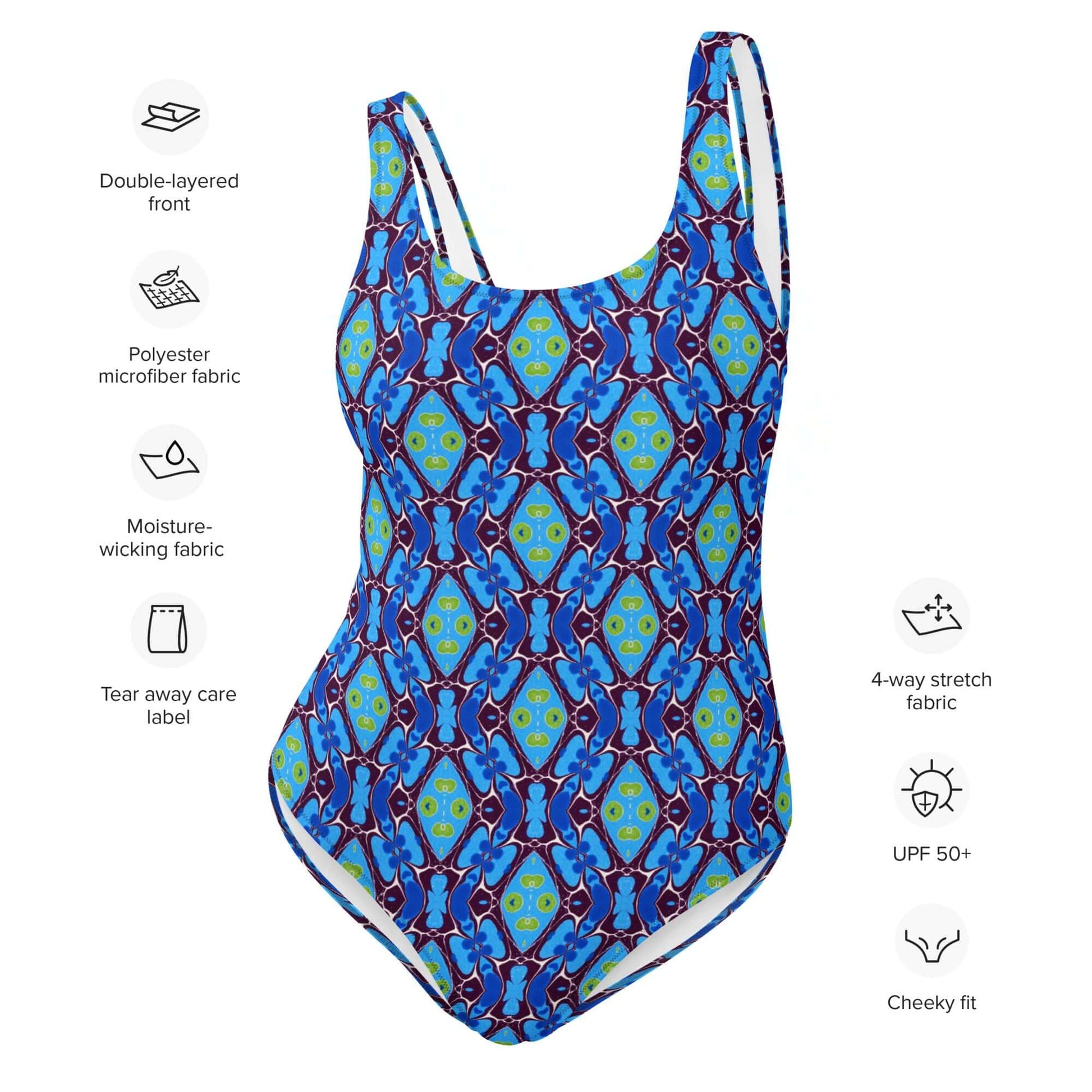 Discover the Blue Pulse One-Piece Swimsuit with trendy colors, 4-way stretch, low back, and cheeky fit. Available in sizes 2XS to 6XL. at Design Dose