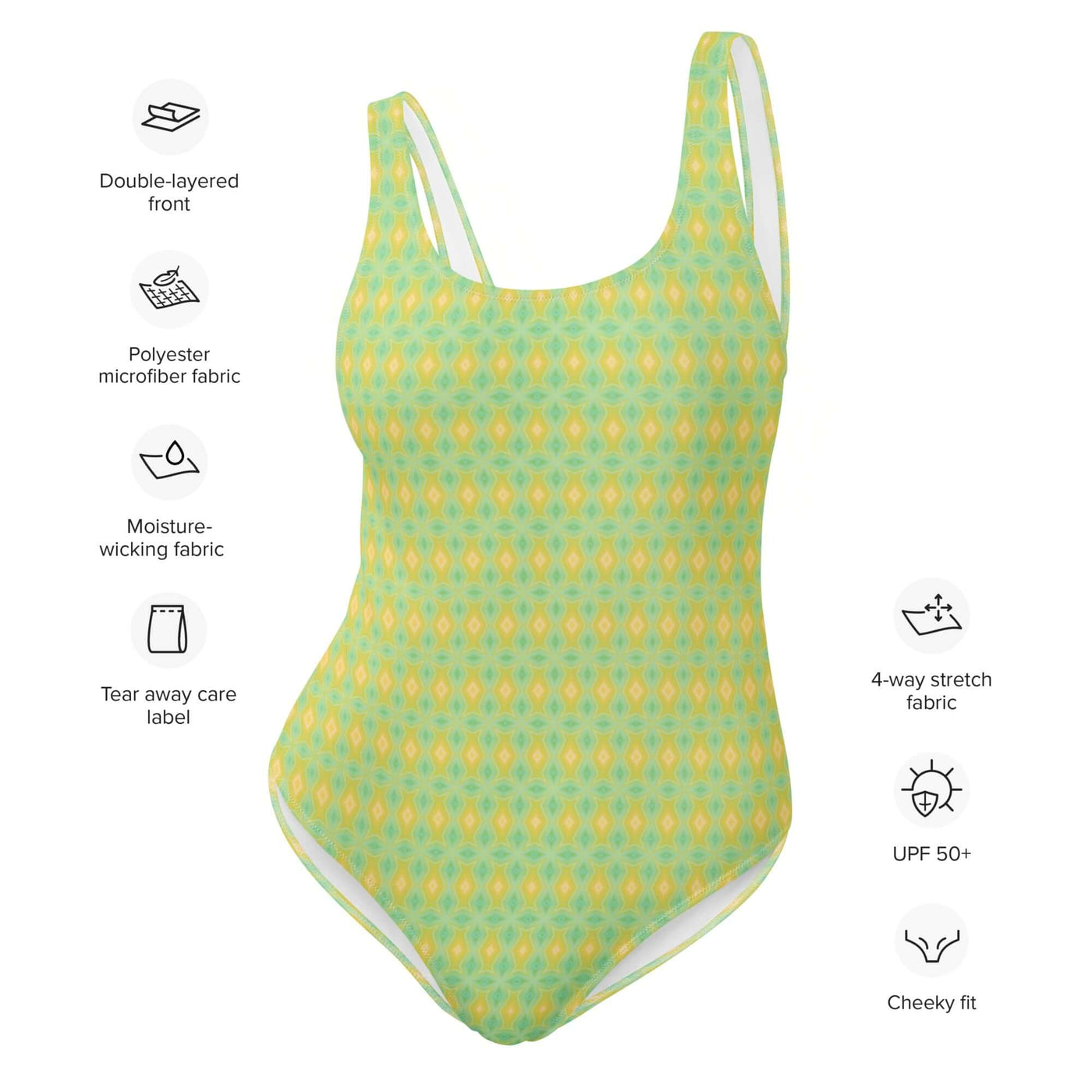 Stand out with the Lemon Fizz One-Piece Swimsuit! Stylish, trendy colors, low back, cheeky fit, and 4-way stretch for ultimate comfort and durability. at Design Dose