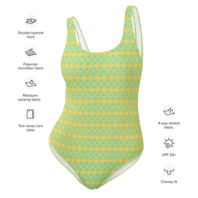 Stand out with the Lemon Fizz One-Piece Swimsuit! Stylish, trendy colors, low back, cheeky fit, and 4-way stretch for ultimate comfort and durability. at Design Dose