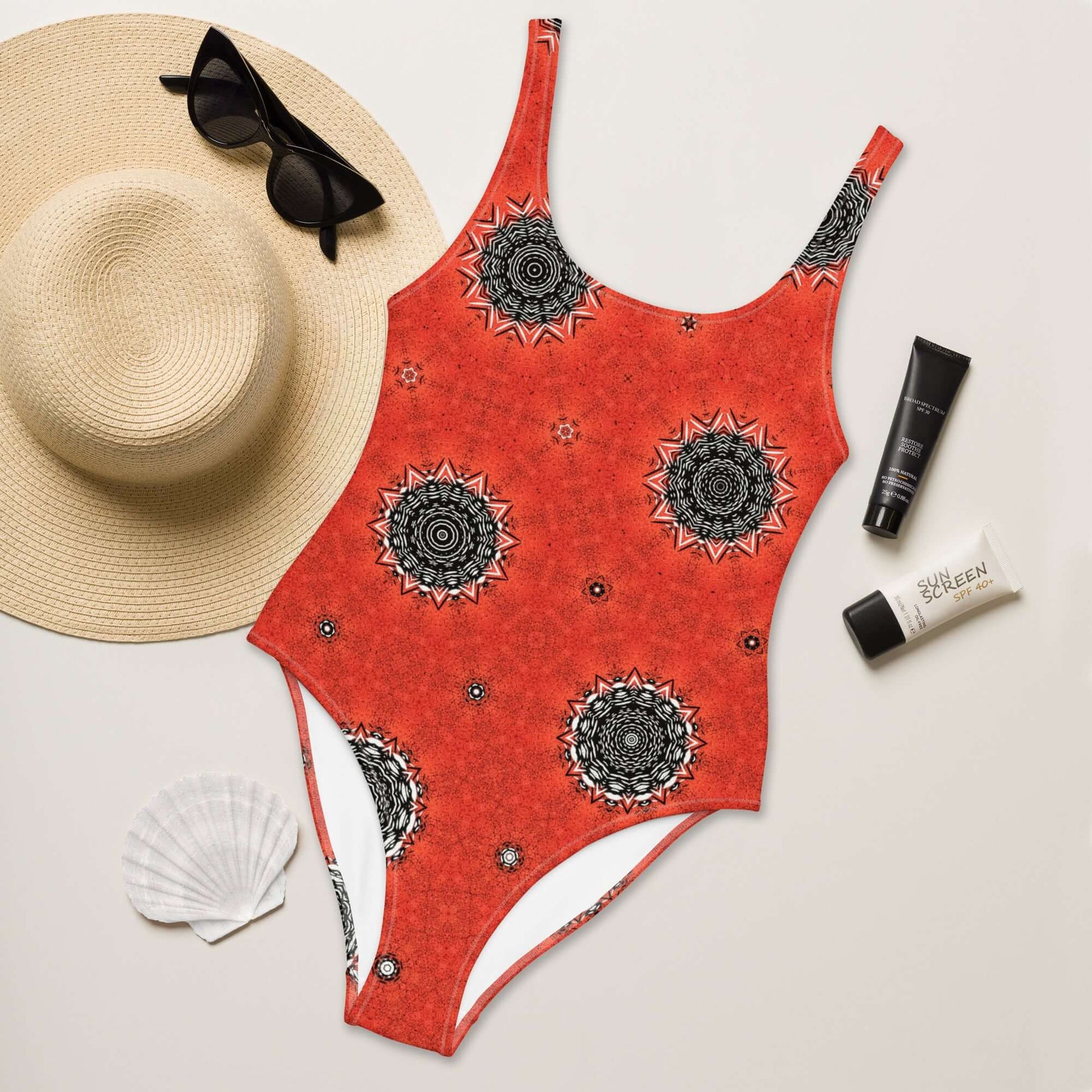 Crimson Cosmos One-Piece Swimsuit – Trendy & Comfy at Design Dose