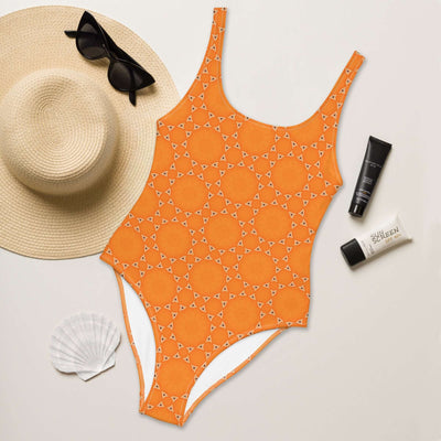 Shine in vibrant orange with our Sunburst Glam One-Piece! Trendy colors, comfy fabric, low back, cheeky fit, and 4-way stretch in sizes 2XS to 6XL. at Design Dose