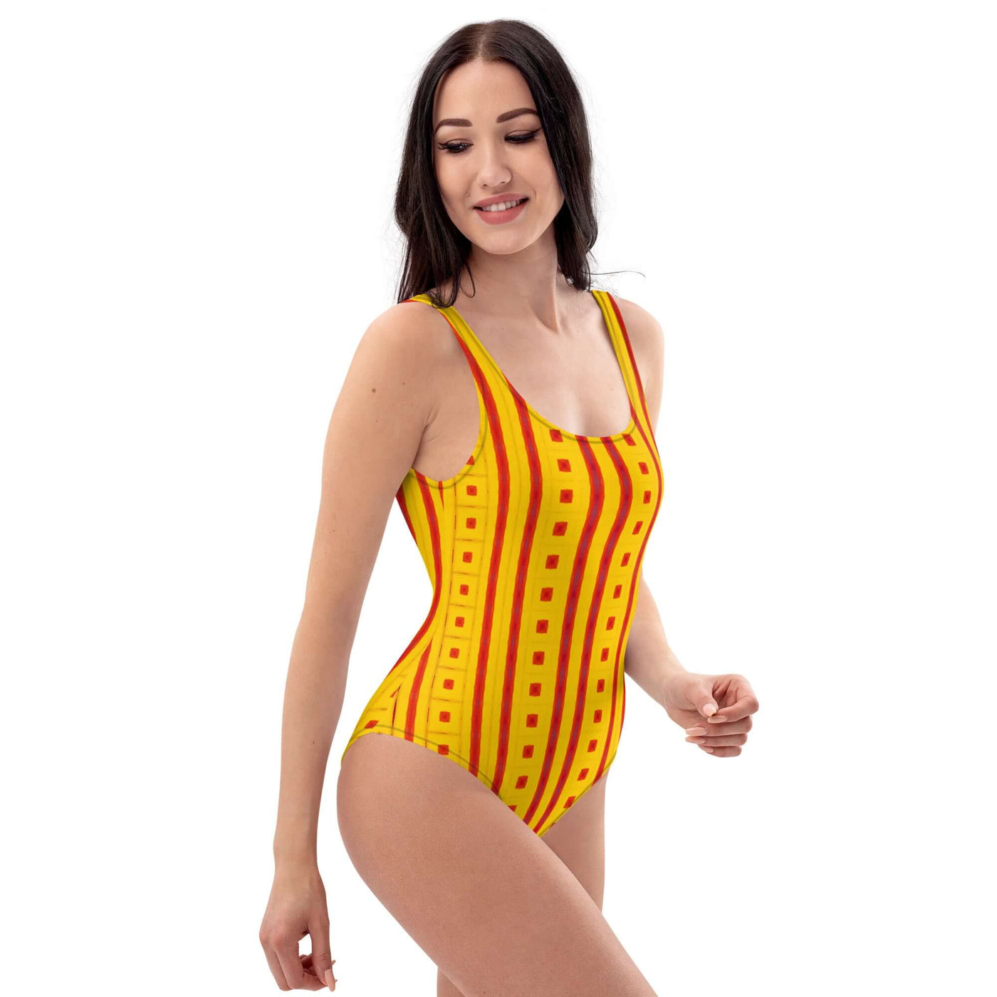 Dive into style with our Sunrise Grid One-Piece Swimsuit! Enjoy trendy colors, 4-way stretch, and a cheeky fit. Available in sizes 2XS to 6XL. at Design Dose