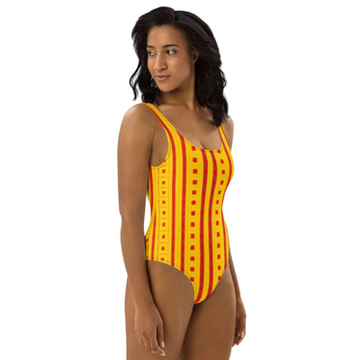 Dive into style with our Sunrise Grid One-Piece Swimsuit! Enjoy trendy colors, 4-way stretch, and a cheeky fit. Available in sizes 2XS to 6XL. at Design Dose