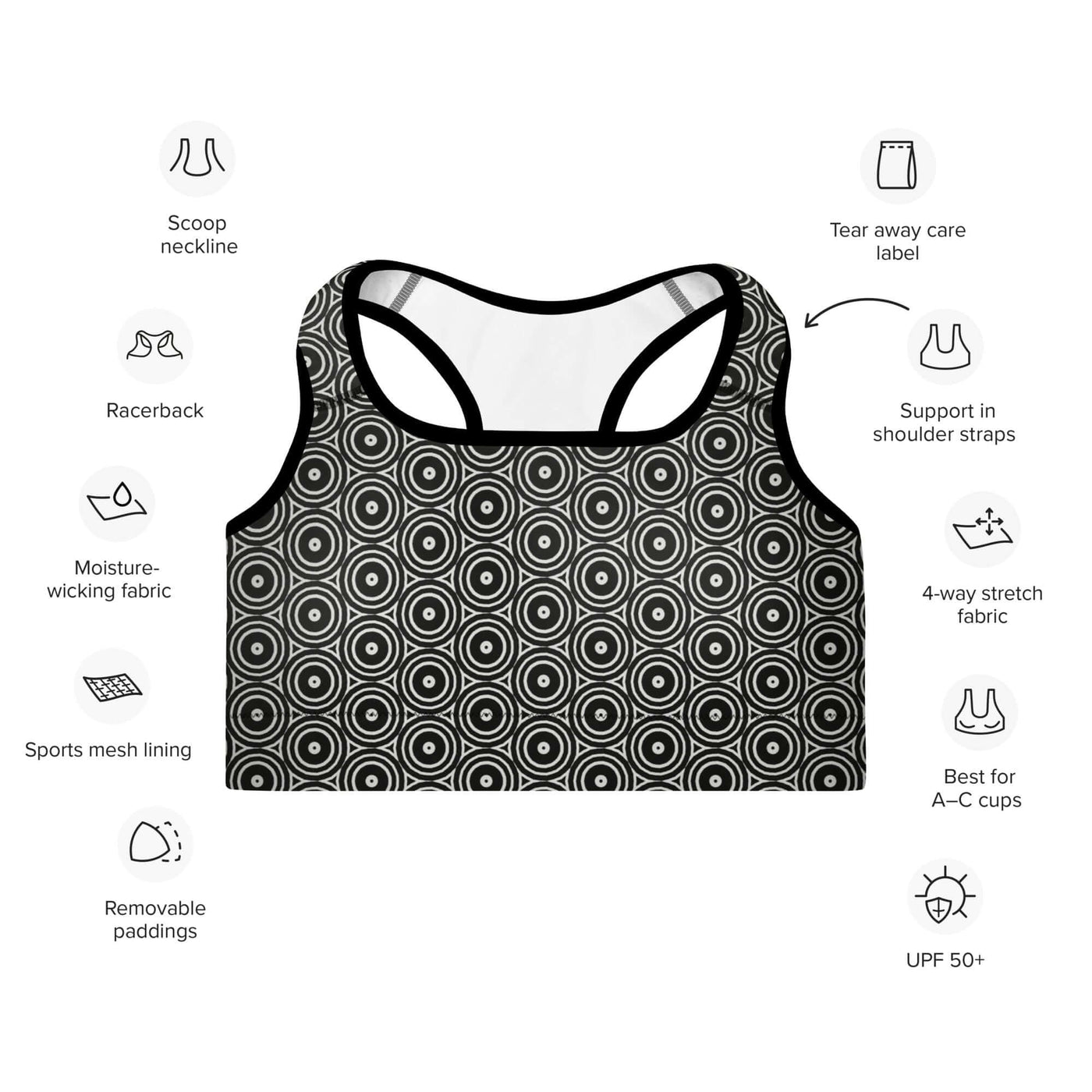 Stylish Monochrome Essence-Swirls Padded Sports Bra at Design Dose