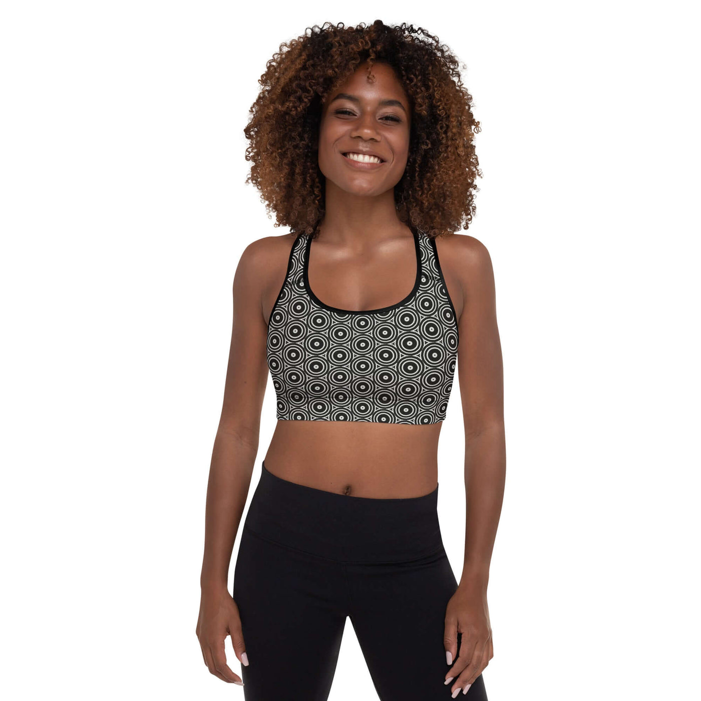 Stylish Monochrome Essence-Swirls Padded Sports Bra at Design Dose