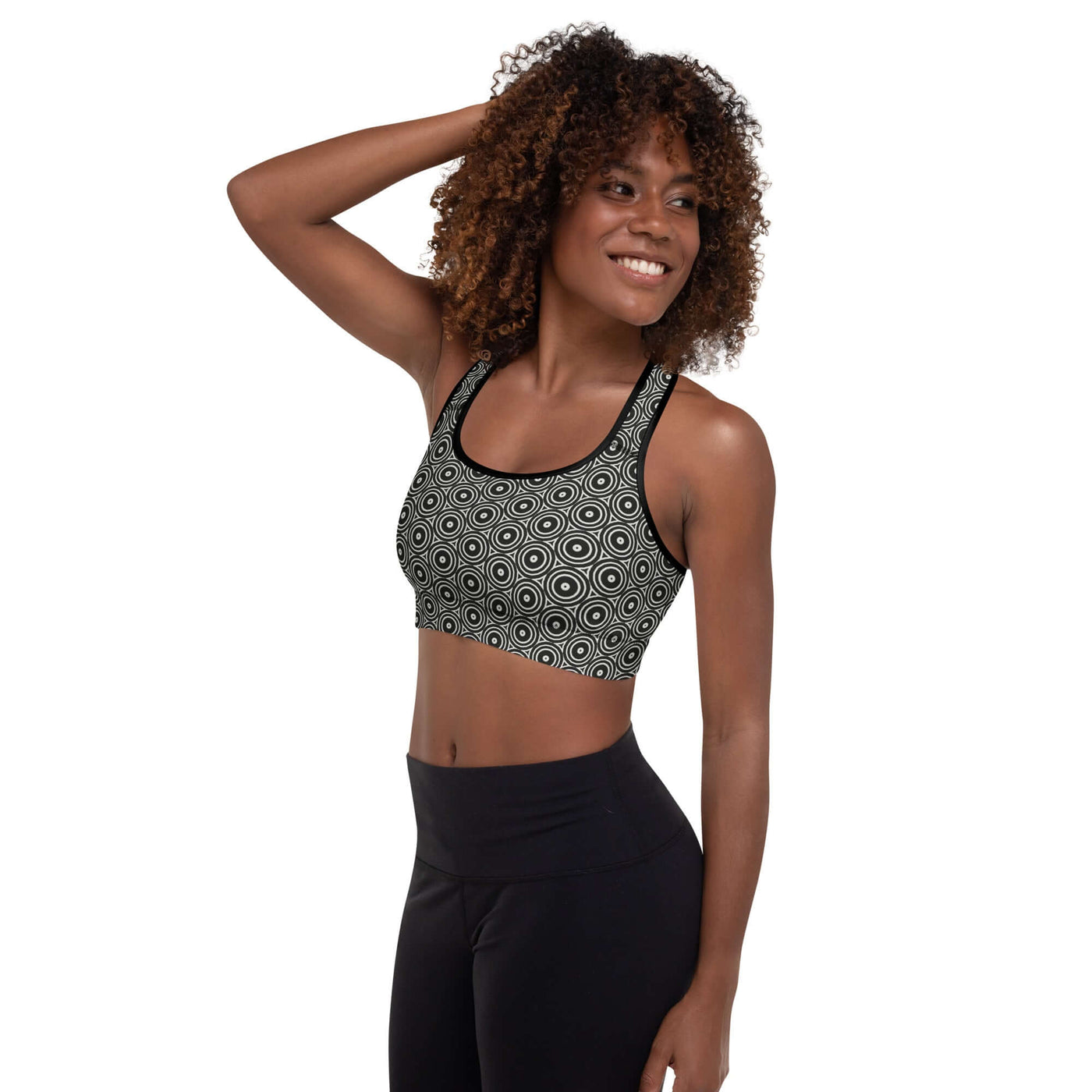 Stylish Monochrome Essence-Swirls Padded Sports Bra at Design Dose