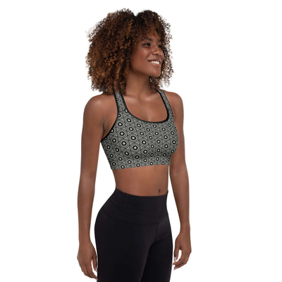 Stylish Monochrome Essence-Swirls Padded Sports Bra at Design Dose