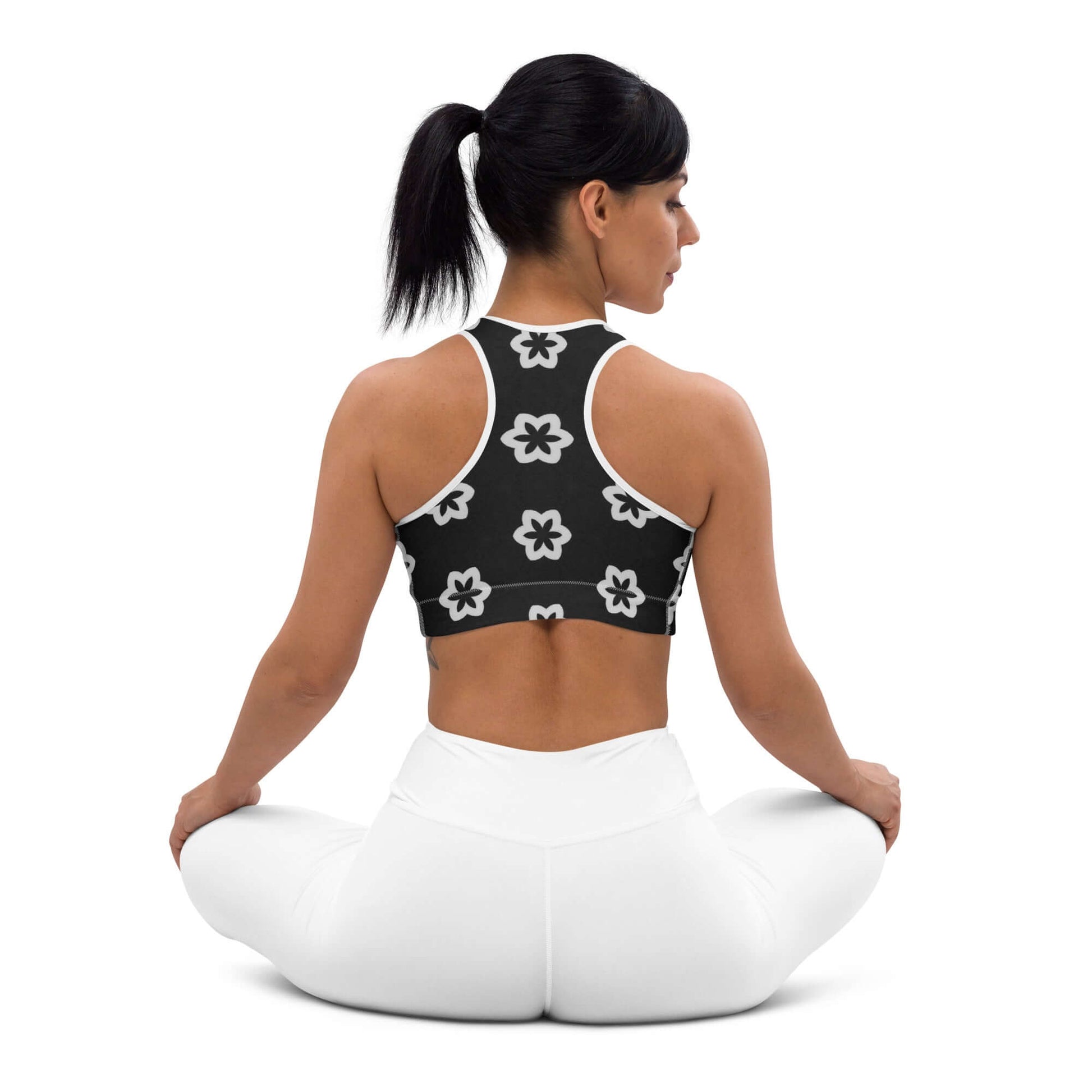 Monochrome Essence Floral Padded Sports Bra at Design Dose