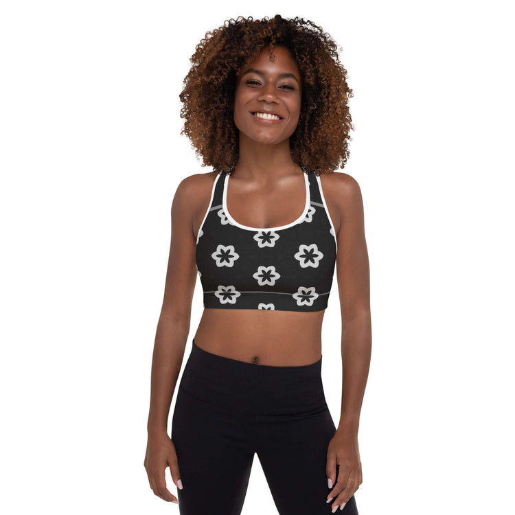 Monochrome Essence Floral Padded Sports Bra at Design Dose