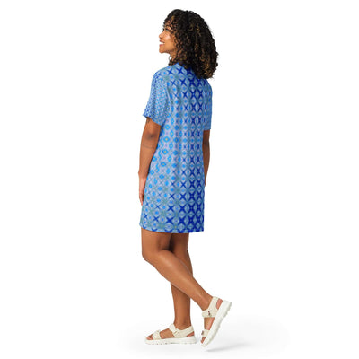 Patterned Blue T-shirt Dress – Stylish & Comfortable at Design Dose