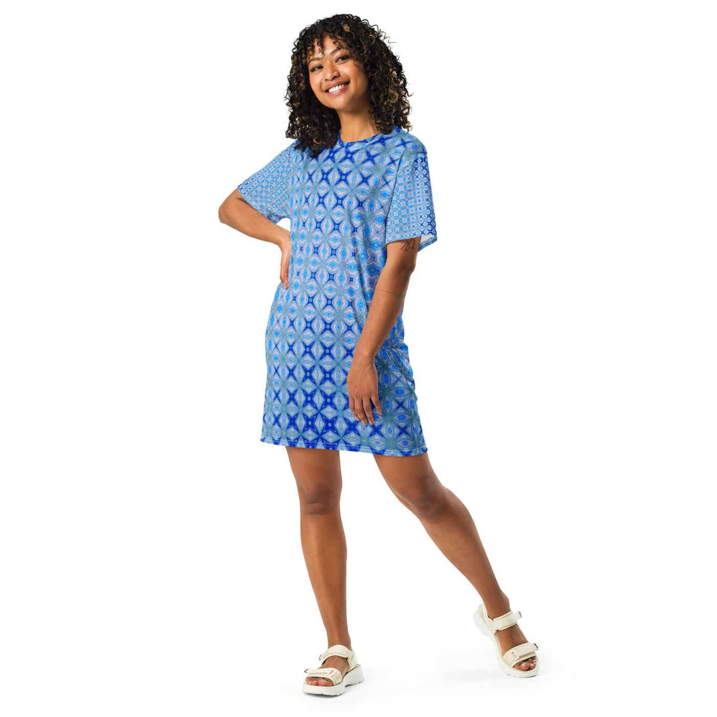 Patterned Blue T-shirt Dress – Stylish & Comfortable at Design Dose