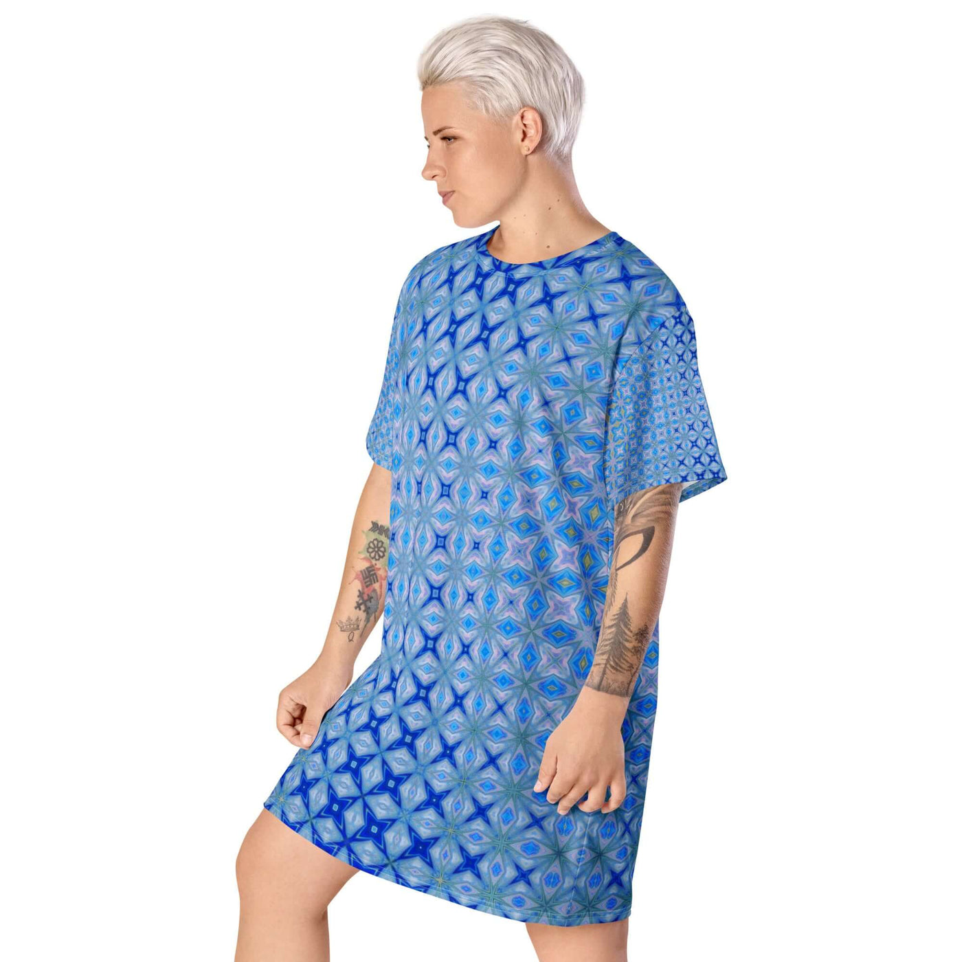 Patterned Blue T-shirt Dress – Stylish & Comfortable at Design Dose