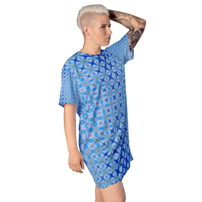 Patterned Blue T-shirt Dress – Stylish & Comfortable at Design Dose