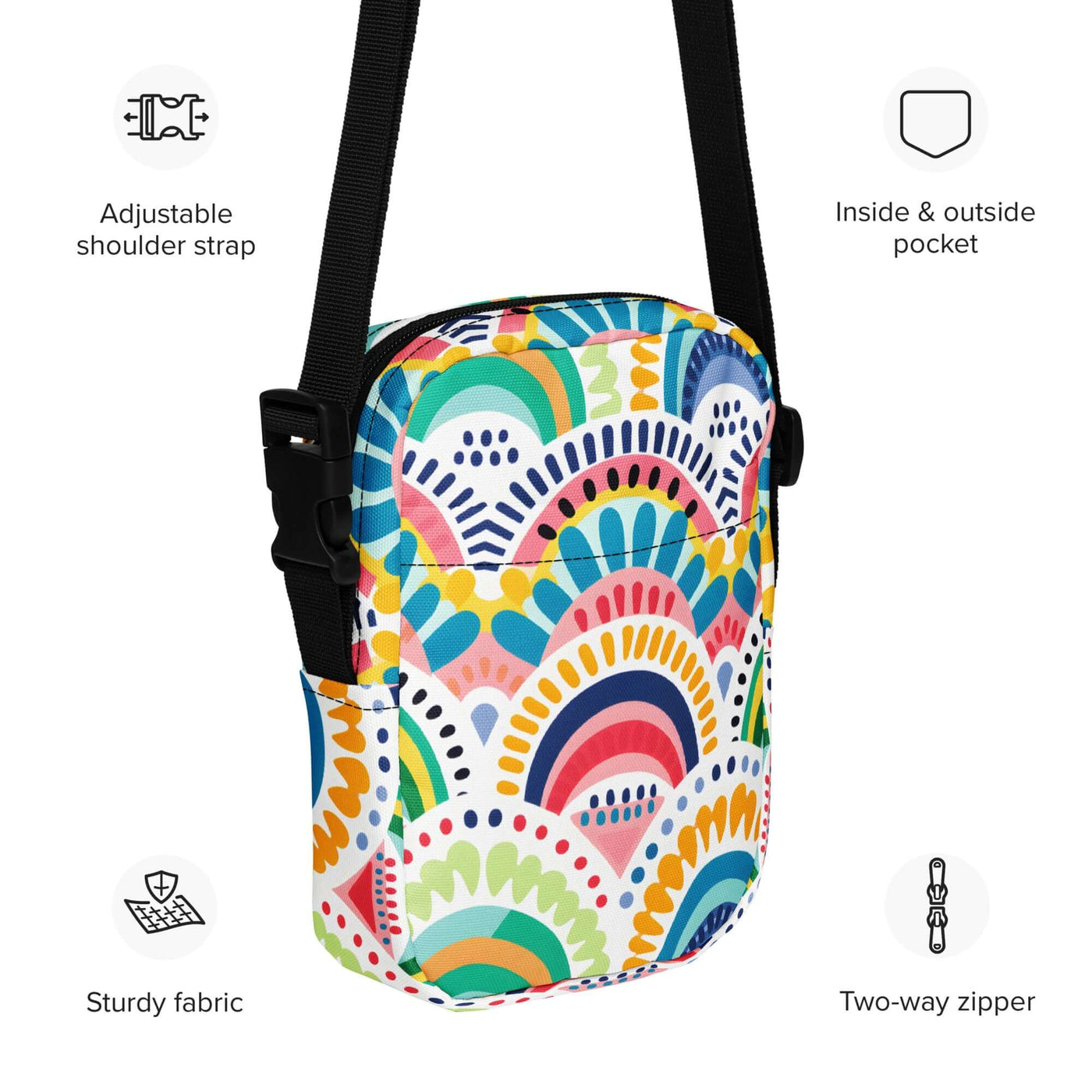 Tribal Rainbows I Utility crossbody bag at Design Dose