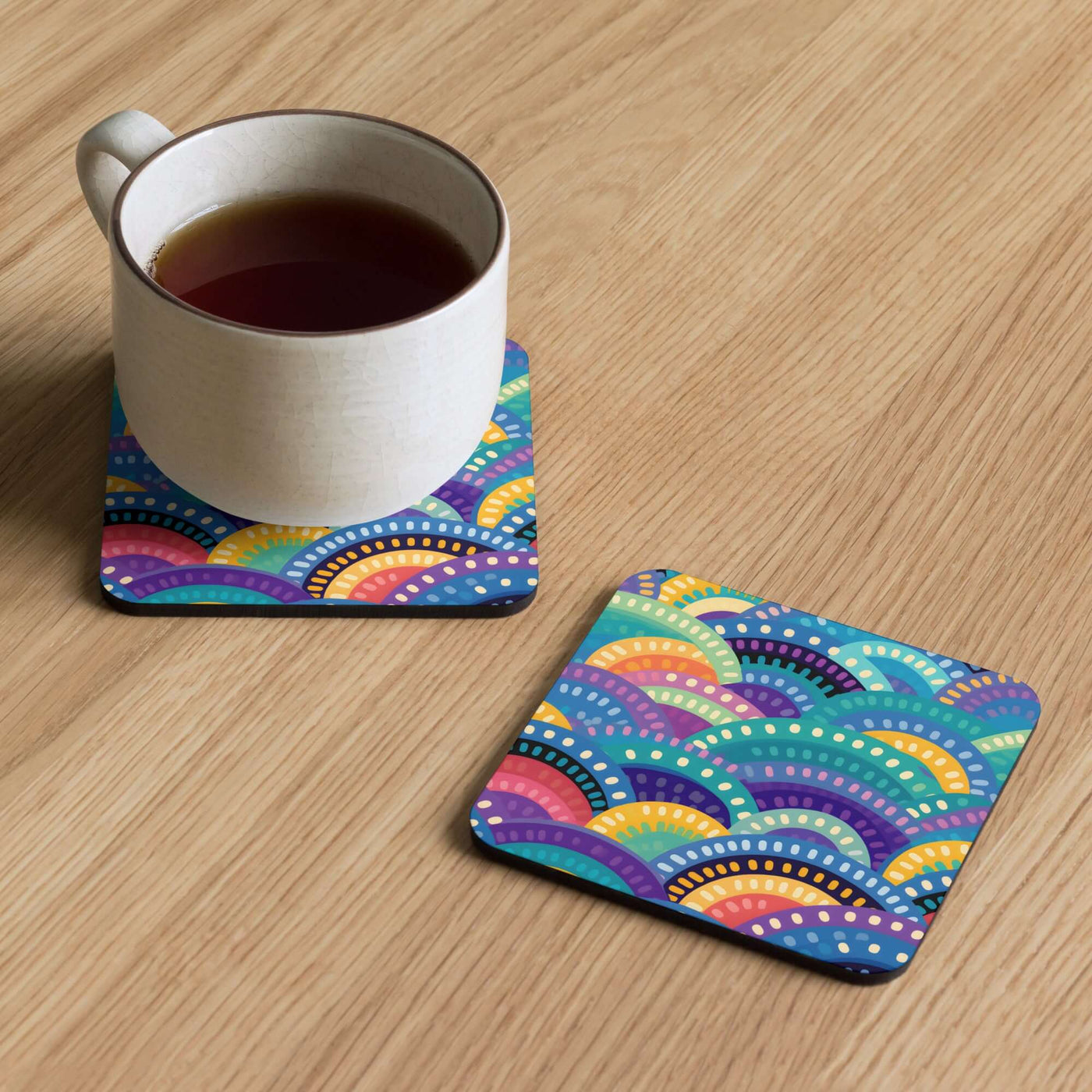 Tribal Rainbows II Cork-back coaster at Design Dose