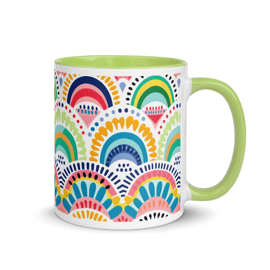 Tribal Rainbows I Mug with Lime Green Color Inside at Design Dose